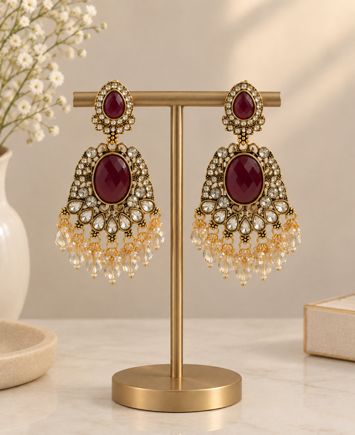 Royal Maroon Kundan Jhumka Earrings