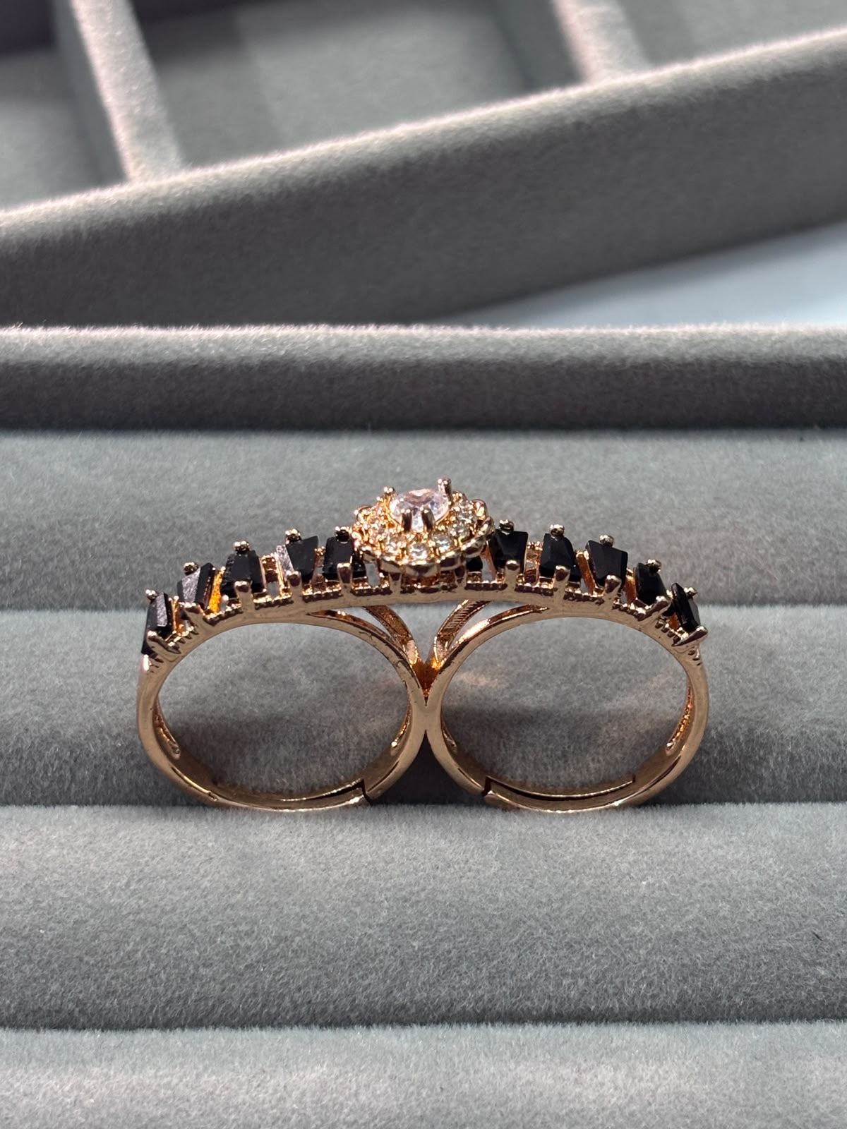 Black & Rose Gold Crystal Double Finger Ring for Women |