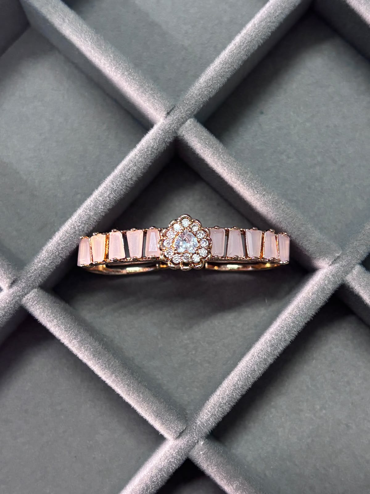 Rose Gold Pink Crystal Double Finger Ring for Women