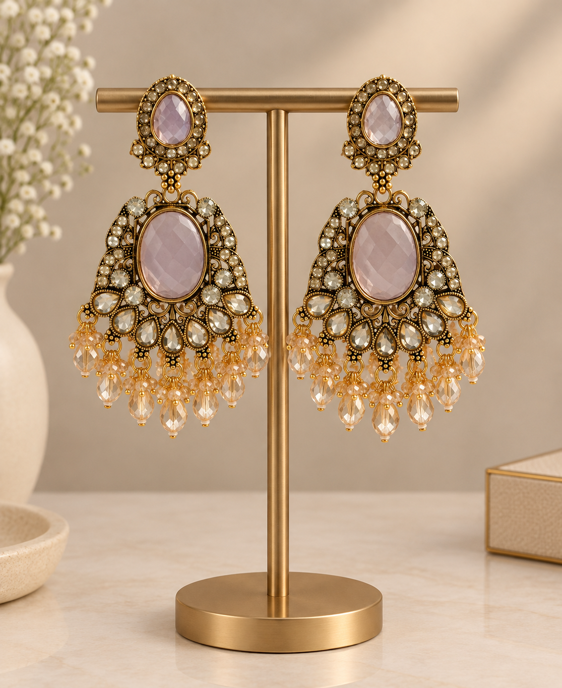 Royal Rose Quartz Kundan Chandbali Earrings