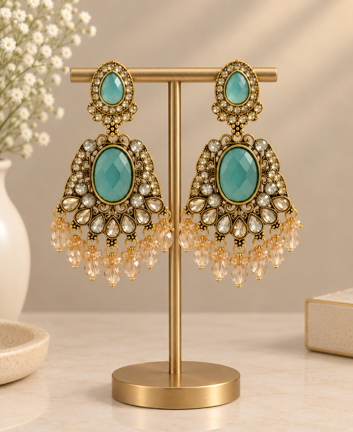 Royal Aqua Green Kundan Statement Earrings