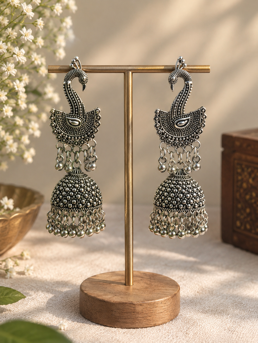 Oxidized Silver Peacock Jhumka Earrings ✨🦚