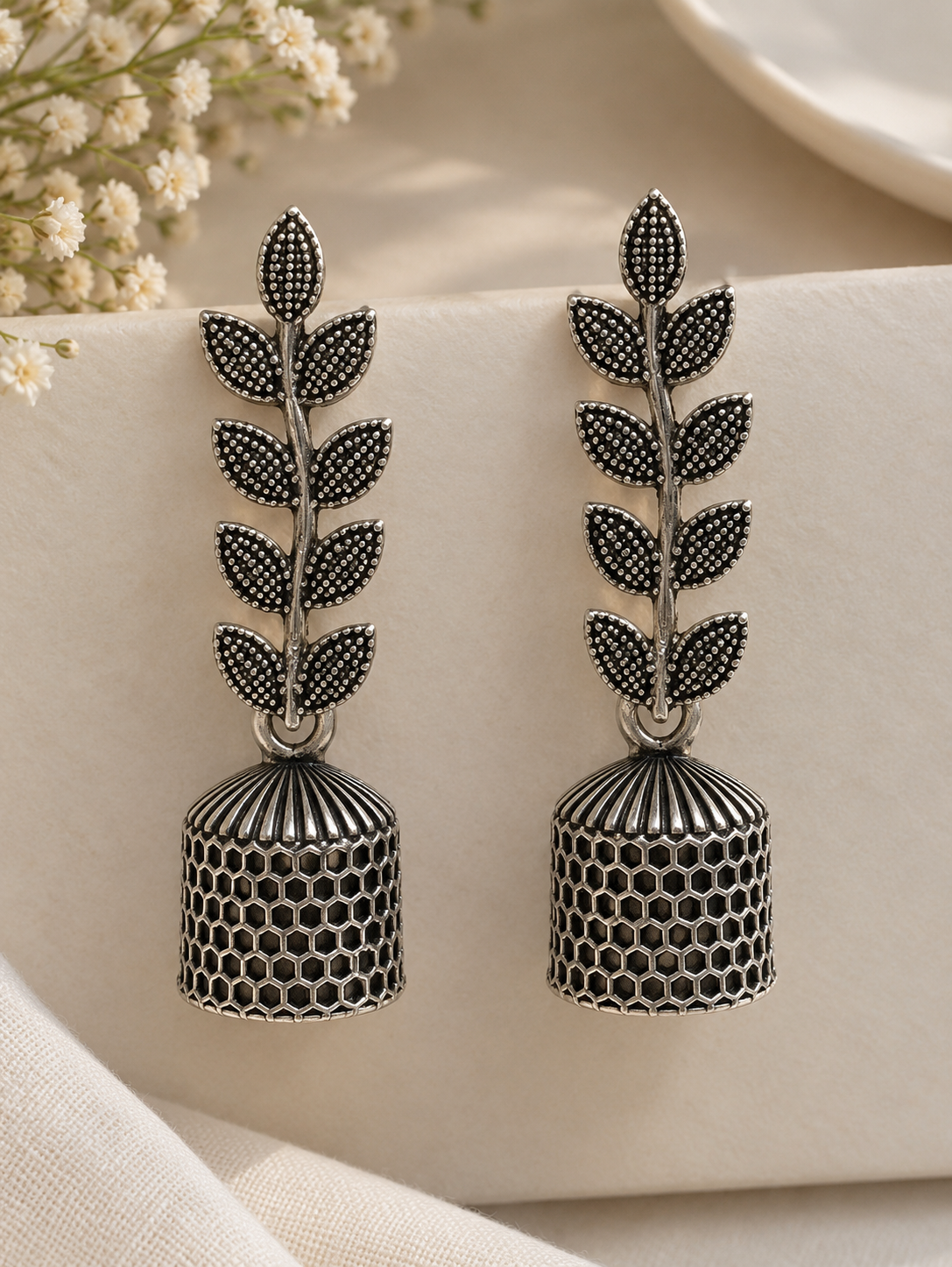 Oxidized Silver Leaf Jhumka Earrings 🌿✨
