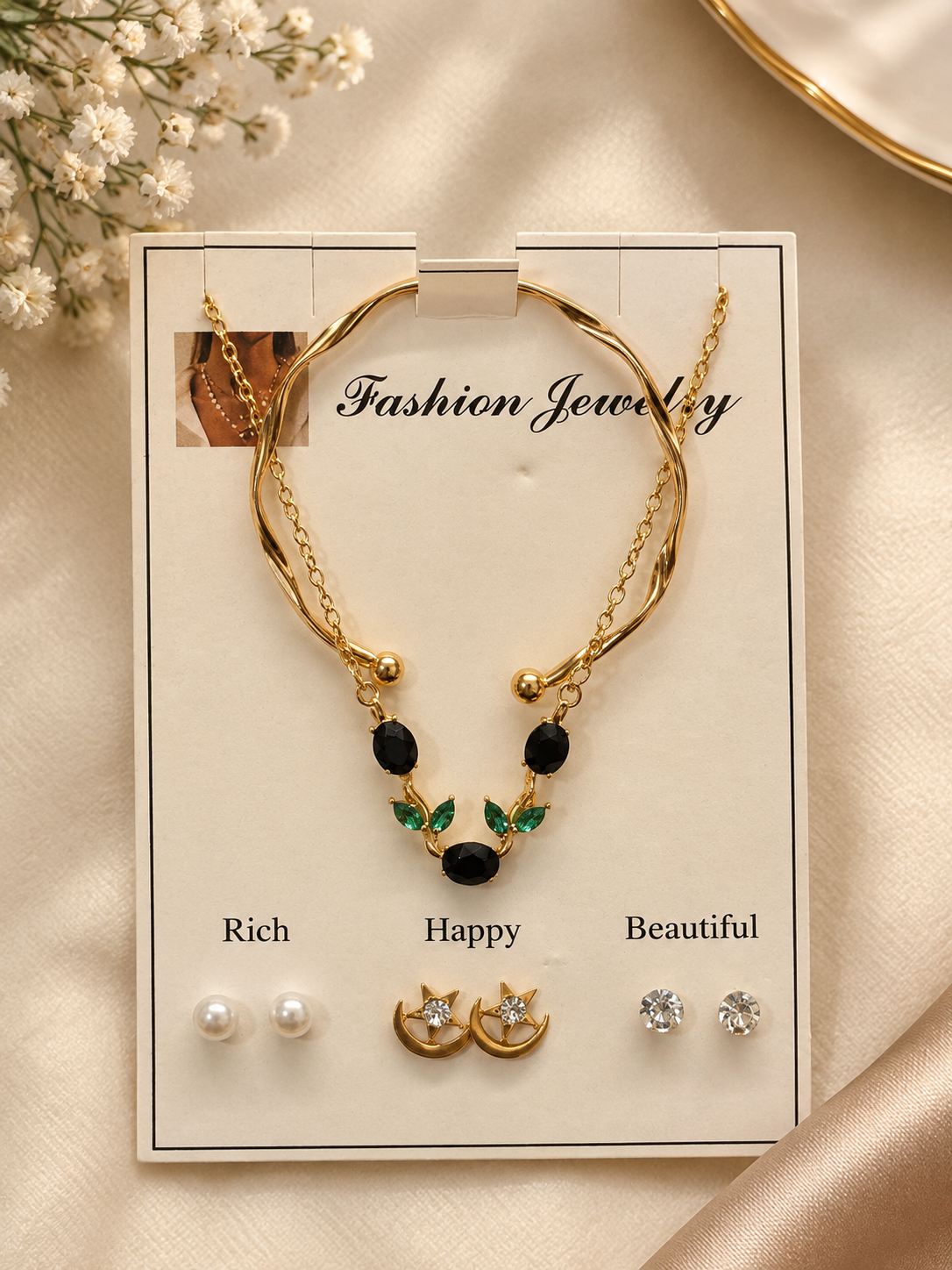 Elegant Black & Emerald Layered Necklace Set ✨