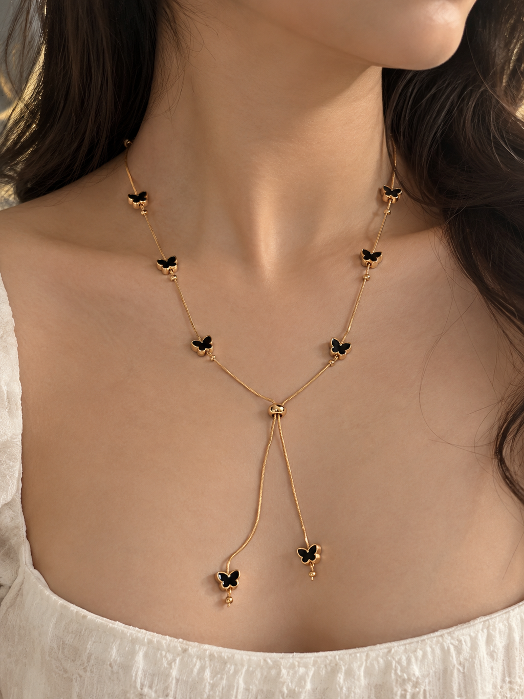 Delicate Black Butterfly Y-Lariat Necklace