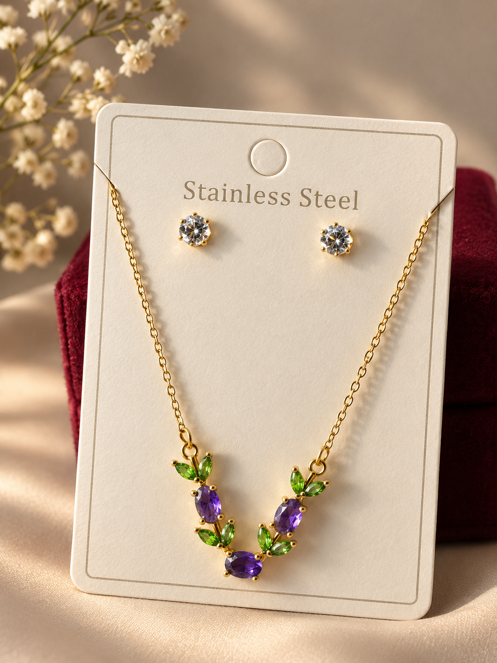 Emerald & Amethyst Floral Necklace & Stud Earrings Set 💚💜