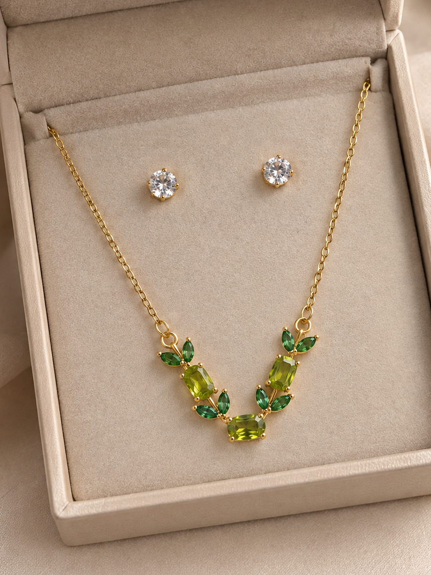 Emerald Leaf Elegance Necklace & Earring Set ✨