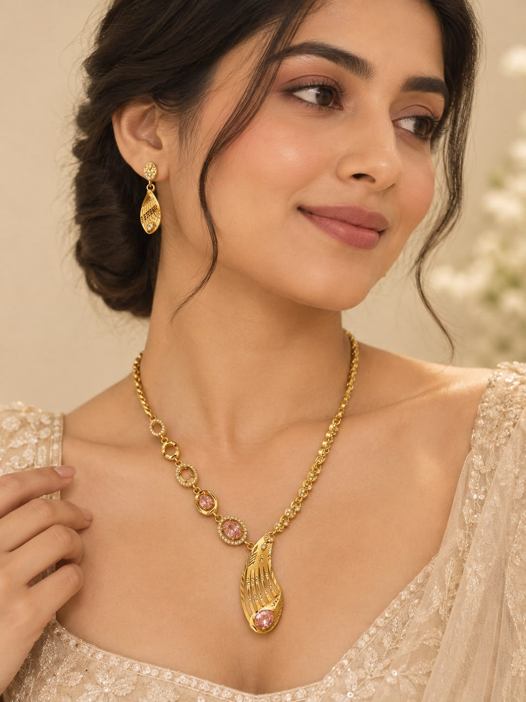 Gold-Plated Pink Stone Necklace, Earrings & Ring Jewellery Set | Elegant Party & Festive Wear