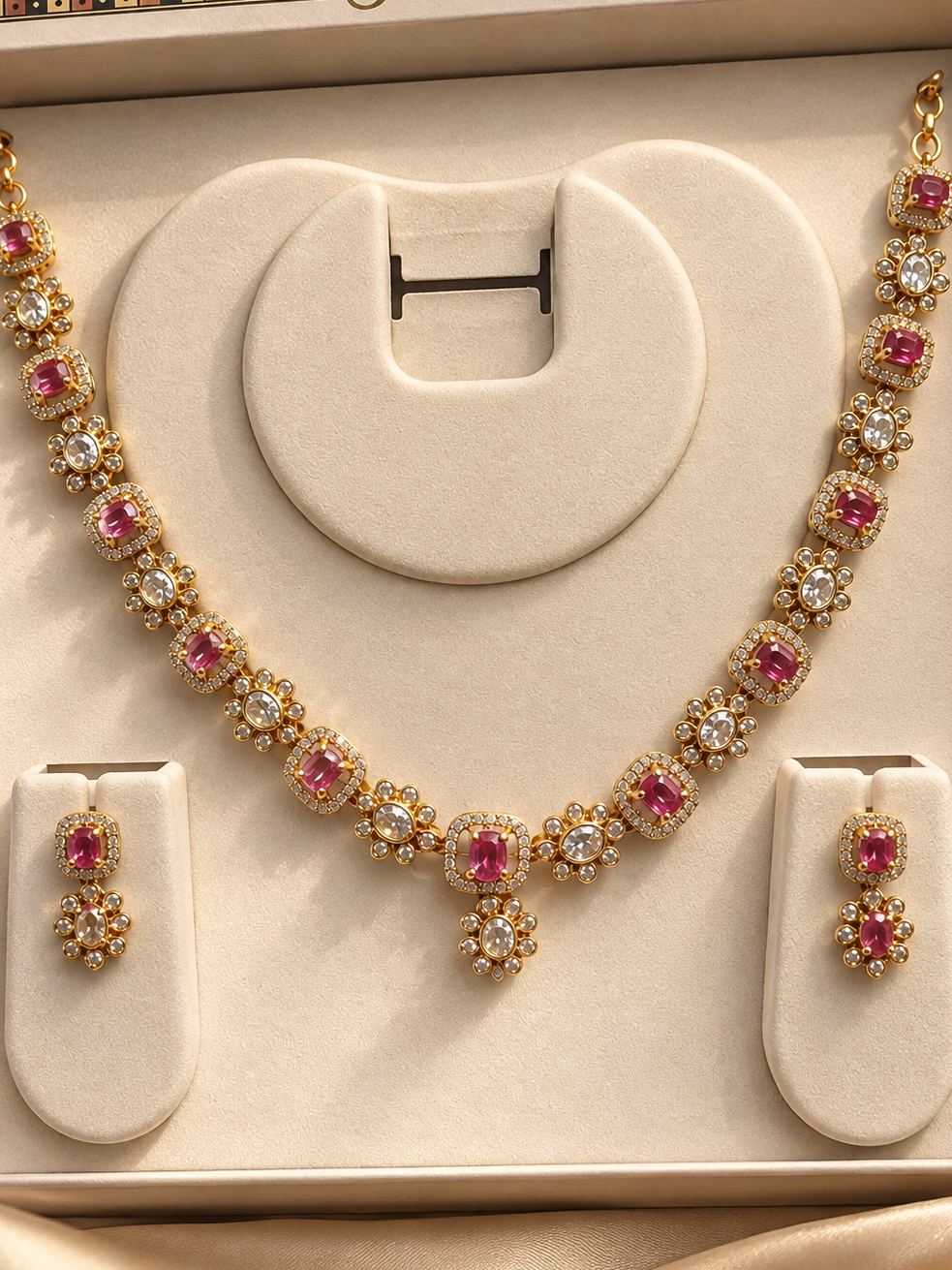 Gold-Plated Pink & White Stone Necklace and Earrings Set | Elegant Floral Designer Jewellery Set for Party, Wedding & Festive Wear