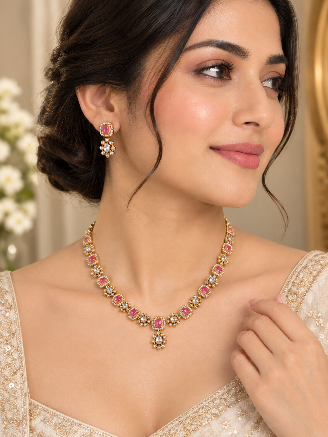 Gold-Plated Pink & White Stone Necklace and Earrings Set | Elegant Floral Designer Jewellery Set for Party, Wedding & Festive Wear