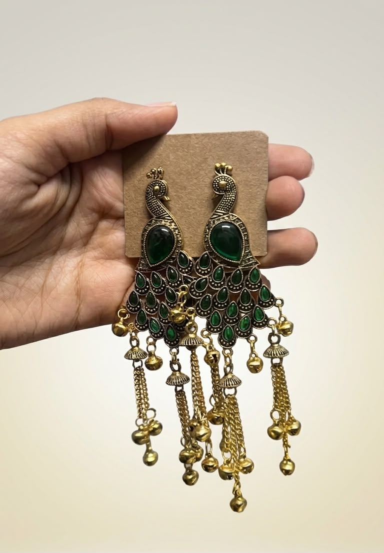 Antique Kashmiri Peacock Gold Statement Earrings with Stones and Hanging Ghungroo Chains