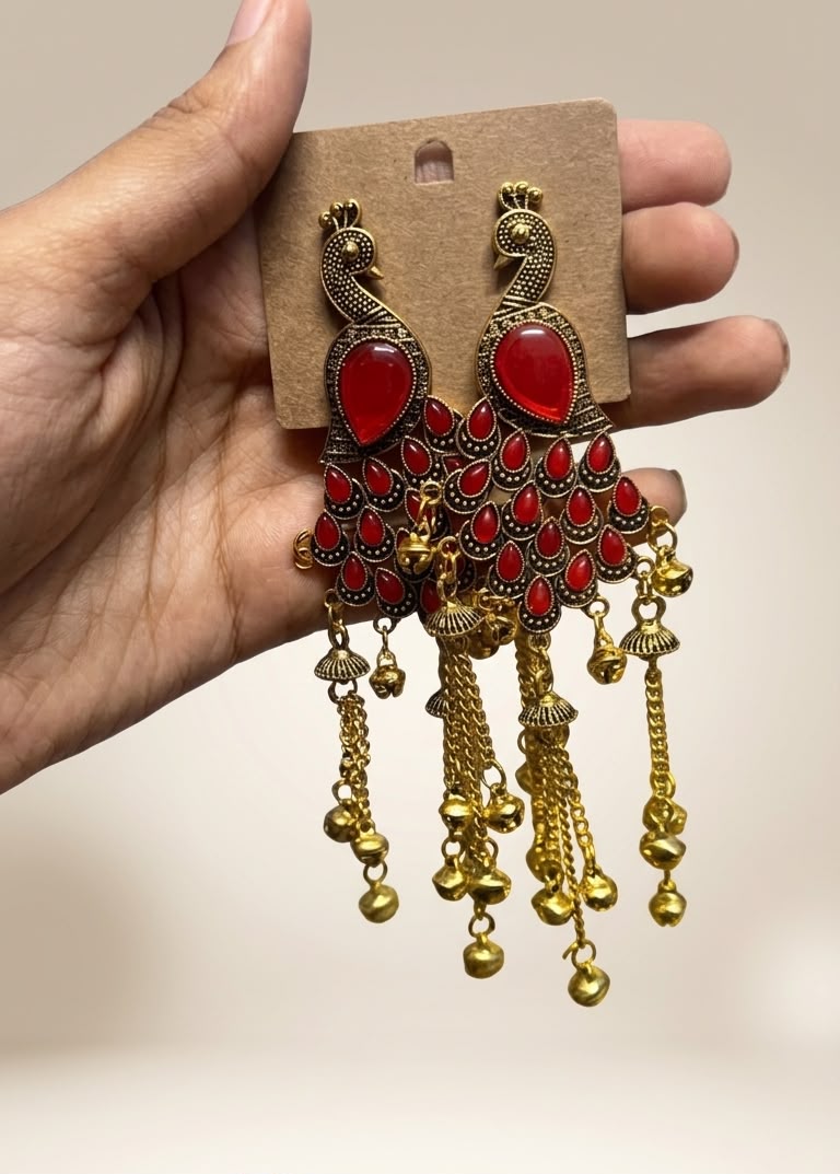 Antique Kashmiri Peacock Gold Statement Earrings with Stones and Hanging Ghungroo Chains