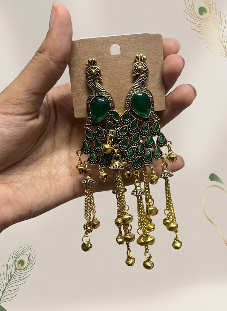 Antique Kashmiri Peacock Gold Statement Earrings with Stones and Hanging Ghungroo Chains