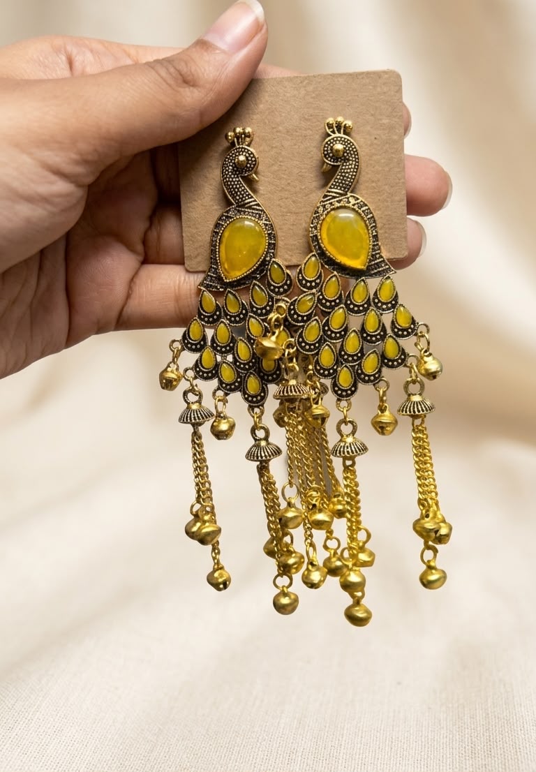 Antique Kashmiri Peacock Gold Statement Earrings with Stones and Hanging Ghungroo Chains