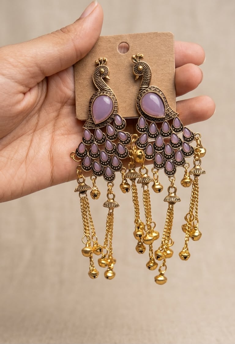 Antique Kashmiri Peacock Gold Statement Earrings with Stones and Hanging Ghungroo Chains