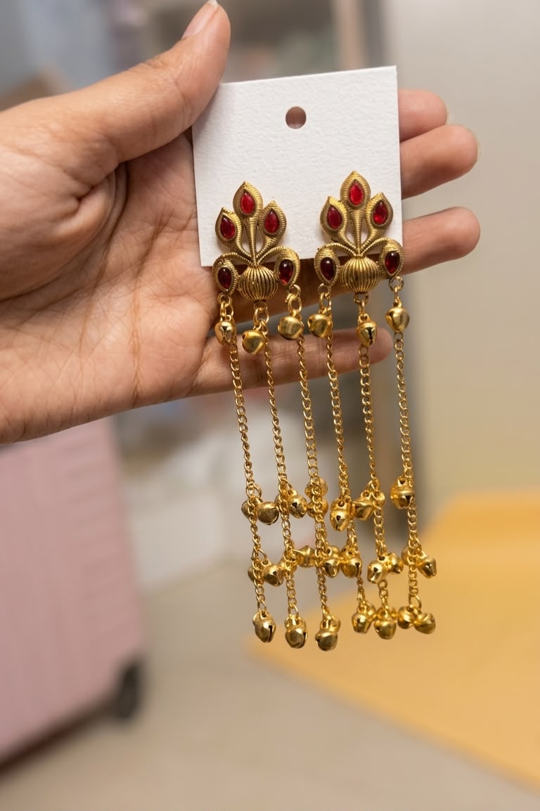 Antique Gold-Plated Kashmiri Long Chain Ghungroo Earrings with Stones