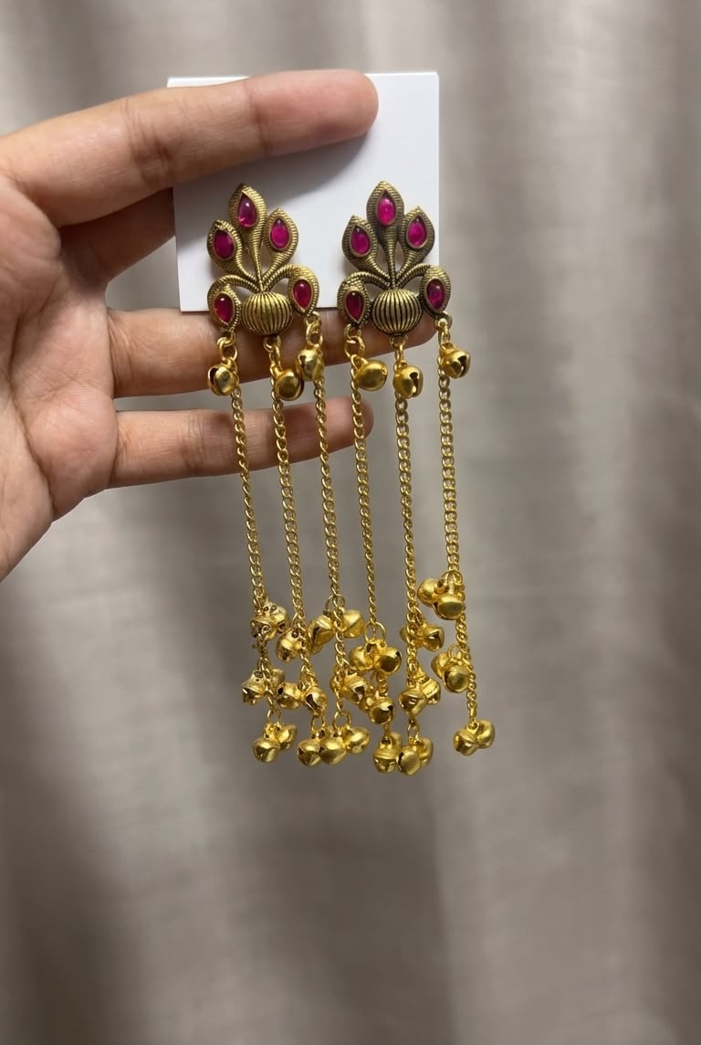 Antique Gold-Plated Kashmiri Long Chain Ghungroo Earrings with Stones