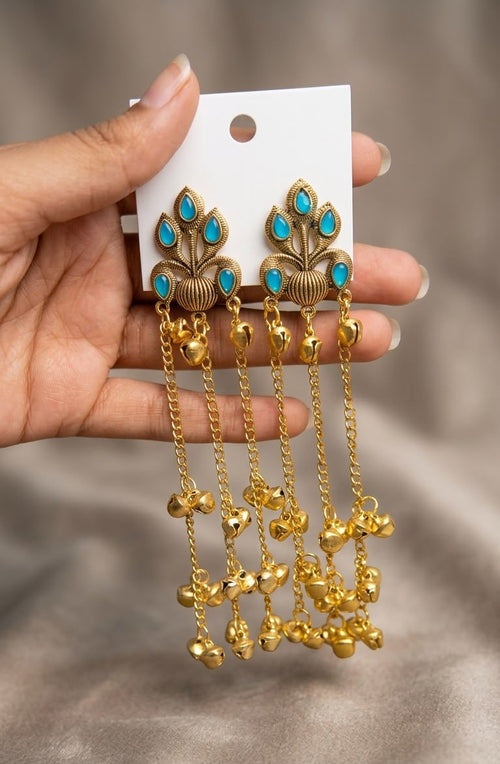 Antique Gold-Plated Kashmiri Long Chain Ghungroo Earrings with Stones