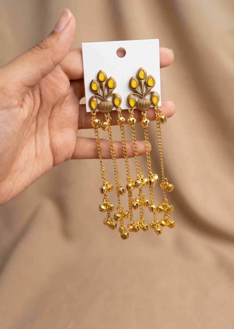 Antique Gold-Plated Kashmiri Long Chain Ghungroo Earrings with Stones