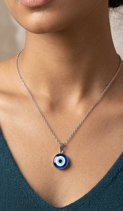 Classic Round Blue Evil Eye Pendant with Silver Chain