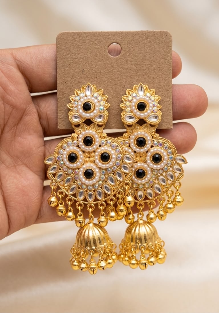 Traditional Gold-Plated Kundan Jhumkas with Emerald Stones, Pearls, and Hanging Ghungroos
