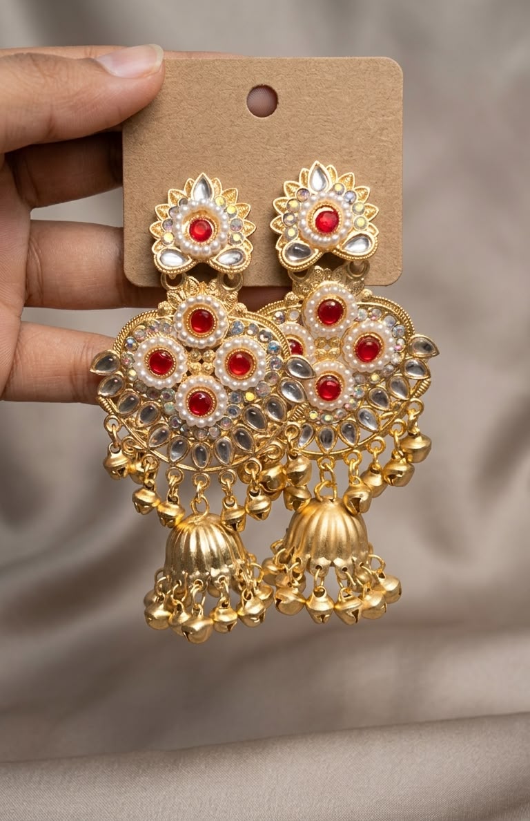 Traditional Gold-Plated Kundan Jhumkas with Emerald Stones, Pearls, and Hanging Ghungroos