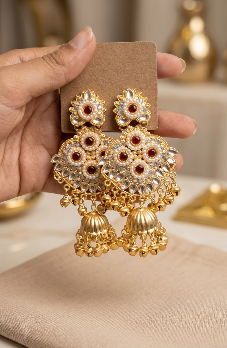 Traditional Gold-Plated Kundan Jhumkas with Emerald Stones, Pearls, and Hanging Ghungroos