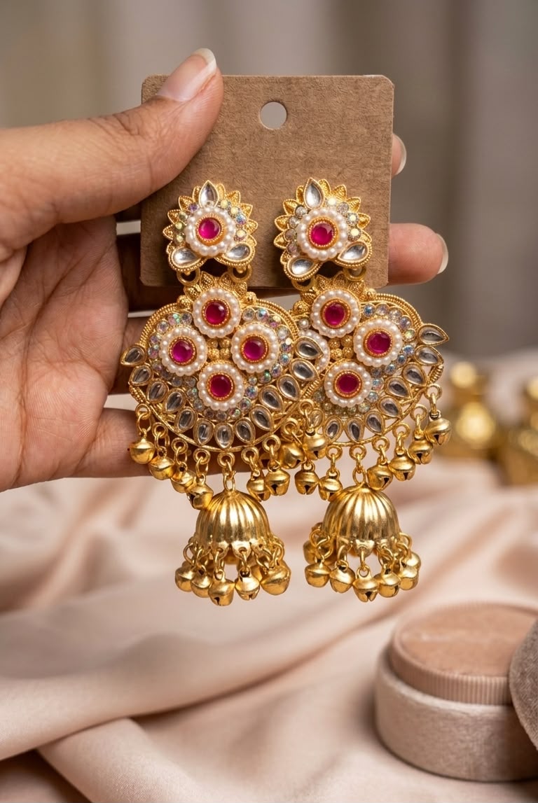 Traditional Gold-Plated Kundan Jhumkas with Emerald Stones, Pearls, and Hanging Ghungroos